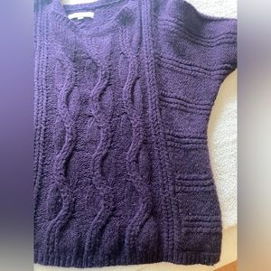 LOFT Cable Knit Sweater Dark Purple Wide Neck 3/4 Sleeves Size Large